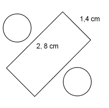 Figuren består av et rektangel og to sirkler (alle tre figuren er separate fra hverandre). Rektanglet har sidelengder 1,4 cm og 2,8 cm.